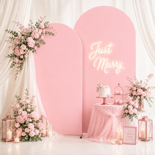 Image of 2 Pack Arch Backdrop Stand and Cover Set (7.2FT /6FT), Balloon Arch Stand | Metal Background Arch Stand, Backdrop Arch Frame, Wedding Arch for Backdrop (Pink Cover)