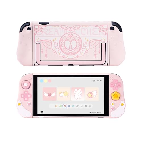 Image of Geekshare Protective Case Set Compatible with switch 2, PC Back Plate with Silicone Joysticks Covers, Includes 2 Thumb Grips, Waterproof Protection - Star Wing Series (Pink)