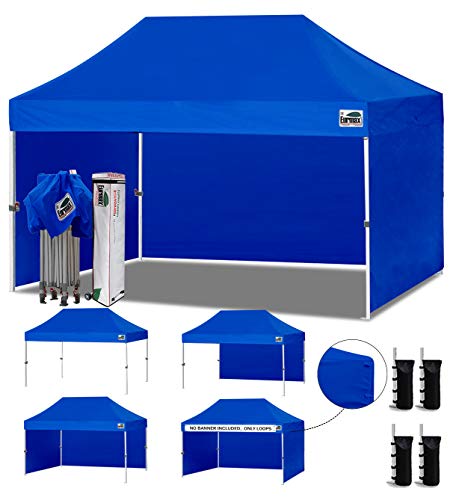 Image of Eurmax USA 10x15 Pop Up Canopy Tent,Commercial Tent with Patented No-Tip Rolling Bag,4 Zippered Removable Walls,UV & Water Resistant Canopy Top,Heavy Duty Outdoor Gazebo,Instant Shelter(Blue)