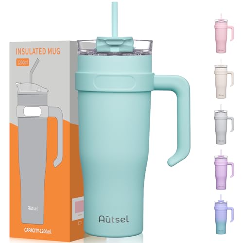 Autsel 1200ML Taza de viaje Botella agua con asa Taza de café aislada con tapa de pajita Taza de café de acero inoxidable a prueba de fugas Vaso al vacío Taza para bebida fría caliente