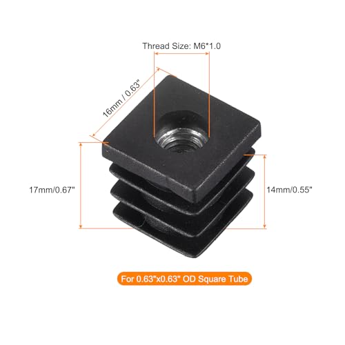 Image of uxcell 16Pcs Plastic Threaded Tube Inserts with M6 Thread, for 0.62 inchx0.62 inch OD Square Tube, Adjustable Square Black Plastic Plug Caster Insert Chair End Caps Furniture Leg Plug