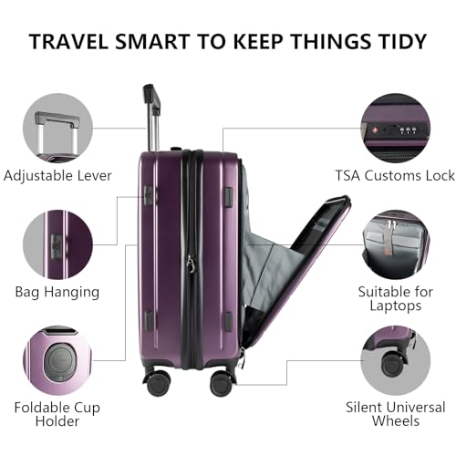 20-Inch Hardshell Carry-On Luggage with TSA Lock,Cup Holder, 360° Silent Spinner Wheels & Front Pocket - Lightweight suitcase for Business Travel, With Extensible Layer(Purple)2