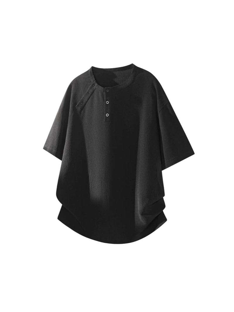 Camiseta de manga corta estilo Hong Kong para hombre, estilo Henley, ajuste holgado, para viajes diarios, fin de semana