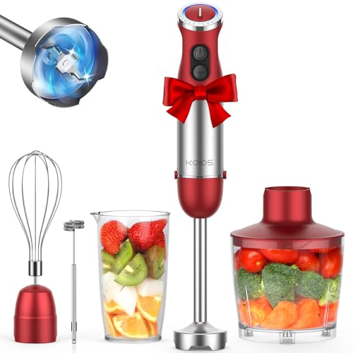 KOIOS 5-in-1 Hand Immersion Blender, 1000W 12 Speed Handheld Blender Stick with Copper Motor Stainless Steel Blade, 600ml Mixing Beaker,500ml Food Processor, Whisk, Milk Frother, Non-BPA, Red image 2