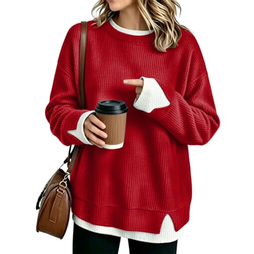 Oversized Crew Neck Sweatshirts Women Long Sleeve Waffle Sweatshirt Fall - image 1