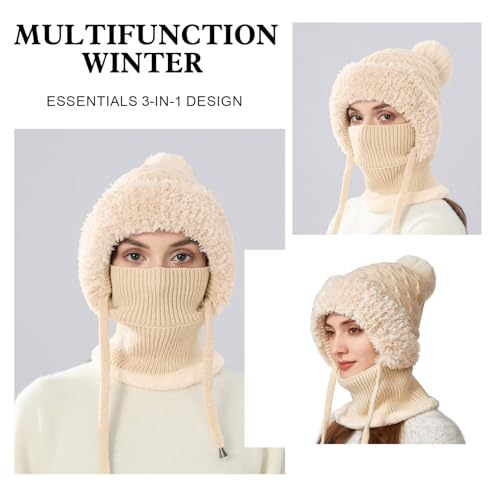 AYPOW Winter Mütze Damen mit Schal Gesichtsmaske, Thermo Strickmütze Balaclava mit Warme Fleecefutter Pompon, Weiches Dicke Beanie WintermüTZE Kapuzenschal Skimütze Hut für Outdoor