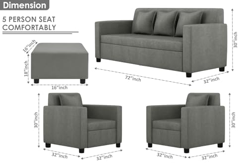 Image of 3+1+1 Seater Sofa Set with Ottoman - Modern Velvet Fabric Sofa Set for Living Room, Deep Seating Comfort - Grey