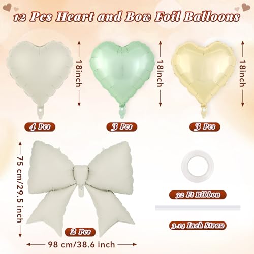 Image of 12 Pcs 18 Inch Heart Balloons and 38 Inch Bow Balloons, Large Foil Bow Heart Balloon Bow Party Decorations for Birthday Baby Shower Valentines Wedding Party