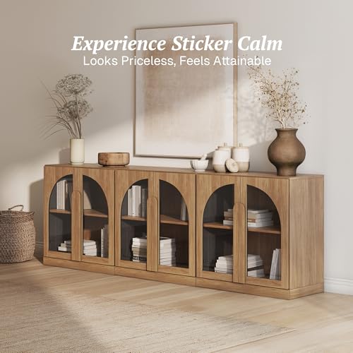 Image of BELLEZE Bijou Set of 3 Modular Sideboard Cabinets (94.5 inch Extra Long) - 6-Door Media Console Sideboard - Modern Arched Glass Buffet Credenza for Large Living Area- Camel