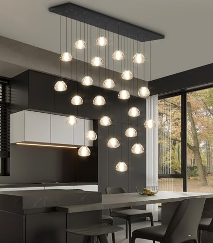 Image of 24-Lights Modern Rectangular Crystal Chandelier LED Raindrop Ceiling Pendant Light Crystal Lighting Fixture for Living Room Hotel Staircase Hallway Foyer Entryway Bedroom Black