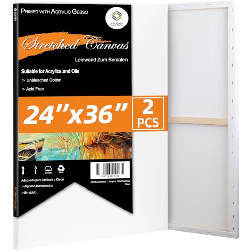 CONDA 24x36 inch Stretched Canvas for Painting 2 Pack Primed Large Canvas Primed Acid-Free Cotton 5/8 Inch Profile Value Bulk Pack for Acrylics Oils Painting