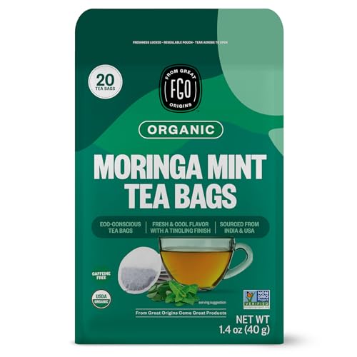 Image of FGO Organic Moringa Mint Tea, 20 Count, Eco-Conscious Herbal Tea Bags, Resealable Bag, Caffeine Free, Packaging May Vary (Pack of 1)