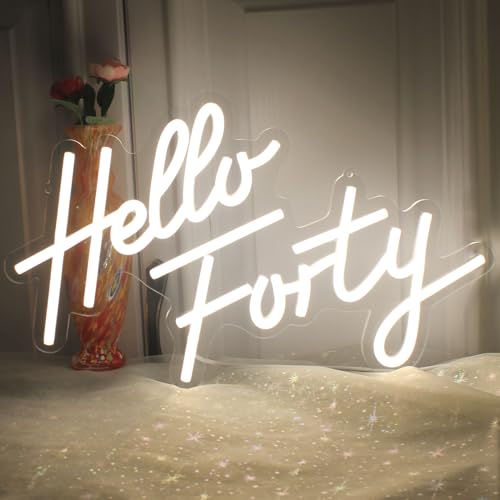 Image of Hello Forty Neon Sign 40th Birthday Party Decorations Neon Signs Hallo Forty Party Favors LED Neon Lights Gift for Him /Her