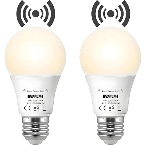 Vanpus Bewegungsmelder-Radar LED-Glühbirne –10W, Warmweiß 2700K, 30.000 Stunden lange Lebensdauer, 90 Farbwiedergabeindex (CRI), UV-frei, 2er-Pack (High-Performance LED)