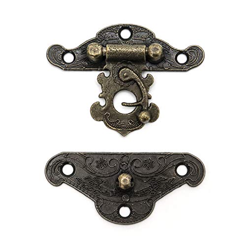 QWORK 4 Sets Antike Dekorative Haspe, Retro Haspen Riegel, dekorativer Holzschmuck, Vintage Scharnier mit 8 Scharnieren und 56 Schrauben