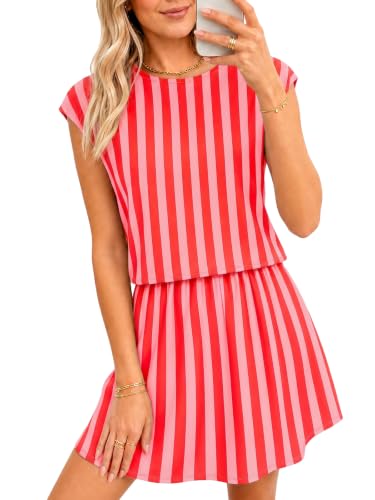 Wenrine Womens 2 Piece Skirt Sets Summer Striped Crop Tops Casual Mini Skort Skirts Travel Vacation Outfits Matching Sets