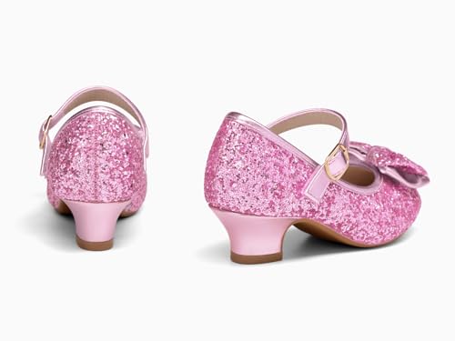 Image of Haloumoning Girls Dress Shoes Mary Jane Heels Flower Girl Shoes Bow Glitter Princess Wedding Party Pump Shoes