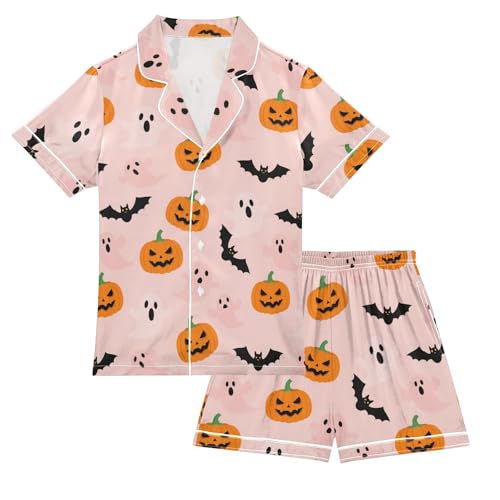 Satin Pajama Sets Short Sleeve Halloween Pumpkins Ghosts Bats Button Down Silky Nightwear 2 Piece PJS 5-14Y