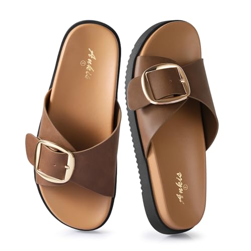Ankis Brown Flat Sandals for Women 2025,Womens Buckle Summer Beach Sandals with Back Strap,Wide Width Leather Sandals for Women Comfortable Dressy(Size9)