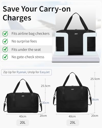 ECOHUB Erweiterbare Ryanair Handgepäck 40x30x20, Handgepäck Tasche 40x20x25 Mit Abnehmbar Nass-Tasche für Flugzeug, Recycelt Reisetasche Handgepäck, Weekender Damen Herren, Patent Anhängig(Schwarz)
