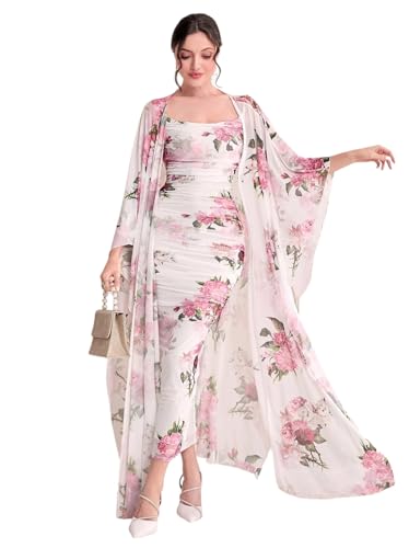 Image of LITZO Women's One Piece Dress - Georgette Floral Printed Western Dress for Women | Round Neck Bodycon Dress & Open Front Coat Casual Wear for Events, Date & Evening Look (NO-32-34)