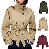 Gabardina corta para mujer, diseño retro de solapa, doble botonadura, con cordones, versátil, corta para otoño, caqui, XS