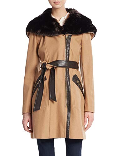 Via Spiga Women's Asymmetrical Zip Front Wool Coat with Faux Fur Collar Deep Camel