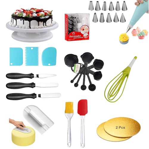 Image of Cake Decoration Kit with 360-Degree Rotating Turntable Table,12 Piece Cake Decorating Nozzle,Plastic Whisk,Scraper Set, Silicone Spatulaa,Smoother,Rose Cutter,Knif (Combo 11)