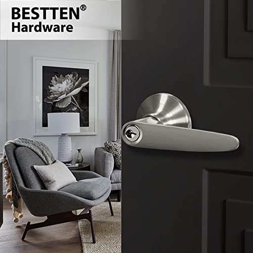 Bestten Keyed Entry Door Lever Set With Removable Latch Plate, All Metal, Roma Series Door Handle For Front Door, Satin Nickel #TOP1