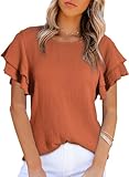 Dokotoo Womens Tops Dressy Casual Blouse Round Neck Ruffle Short Sleeve Textured Fabrication Shirts Solid Elegant Loose Fit Basic Ladies Babydoll Tunic Tops Orange Large