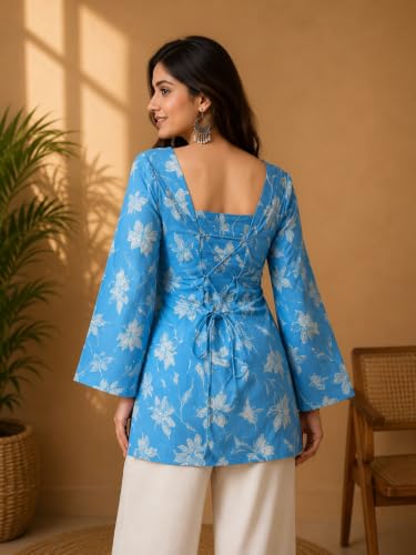 Image of Rayon Floral Print Short Kurti for Women | Square Neck Long Sleeve Top for Women | Criss Cross Back Desing Kurti | Soft Breathable Fabric | Relaxed Fit | Casual and Office Wear