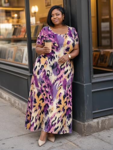 Image of PinkPatty Plus Size Dress for Women Casual Crew Neck Short Sleeve Maxi Dress Oversized Summer Beach Dresses with Pockets