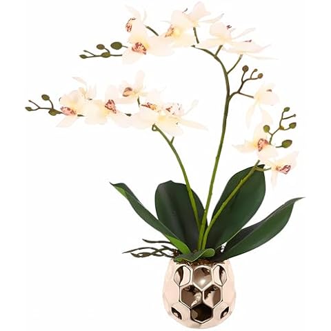 RERXN Silk Orchids That Look Real, Artificial Orchid Flowers with Flower Pots,High Faux Orchids with Stems,Indoor Home Decoration, Table Decorations(Whiteyellow) Cover