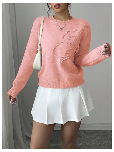 Image of RoseSeek Women's 3D Floral Appliques Crewneck Sweaters Long Sleeve Drop Shoulder Pullovers Elegant Knit Tops