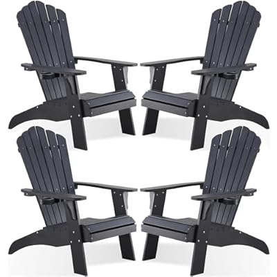 Psilvam Adirondack Chair, Oversized Poly Lumber Fire Pit Chair with Cup Holder, 350Lbs Support Patio Chairs for Garden, Weather Resistant Outdoors Seating, Relaxing Gift for Father & Mother (4, Black)