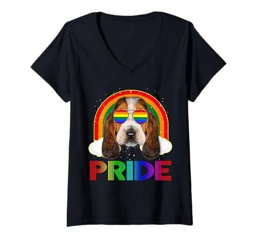 Damen Basset Hound Dog LGBT Rainbow Gay Lesbian Funny LGBTQ Pride T-Shirt mit V-Ausschnitt