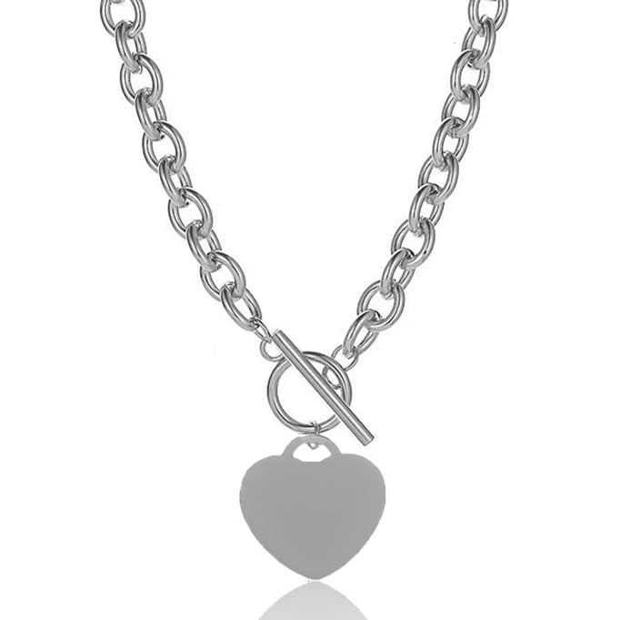 Avanlin Heart Toggle Necklace Silver Stainless Steel Pendant Choker Charm Necklaces Cable Chain Jewelry for Women