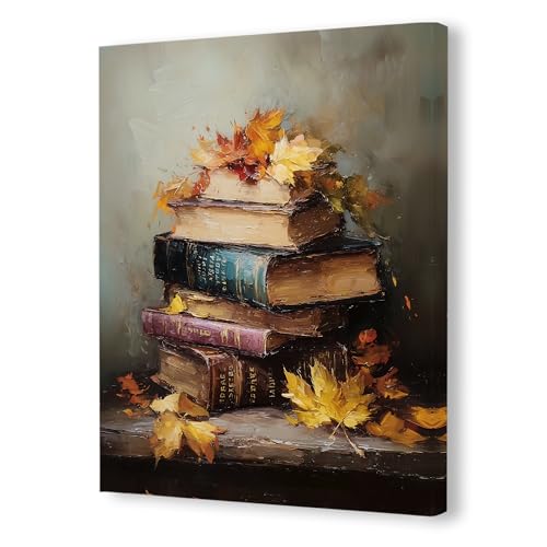 Pugwak Vintage Rustic Fall Book Wall Art Canvas Prints - Farmhouse Fall Maple Leaf Bookish Wall...