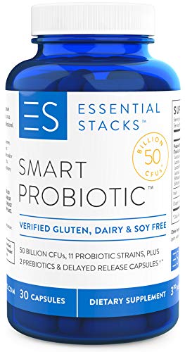 Essential Stacks Smart Probiotic for Digestive Health - 50 Billion Probiotics CFU (Guaranteed to Expiry) w/ Prebiotic Fibers for Bloating & Gut Health in Women & Men - Gluten Free (30 Capsules)