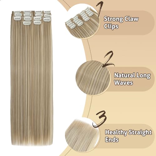 Benehair 22" Clip in Hair Extensions 12 Pcs Long Straight Hair Extensions Clip in Synthetic Fiber Natural Extension Light Brown mix Ash Blonde Hair Piece for Women(Light Brown mix Ash Blonde, 180g) - Image 6