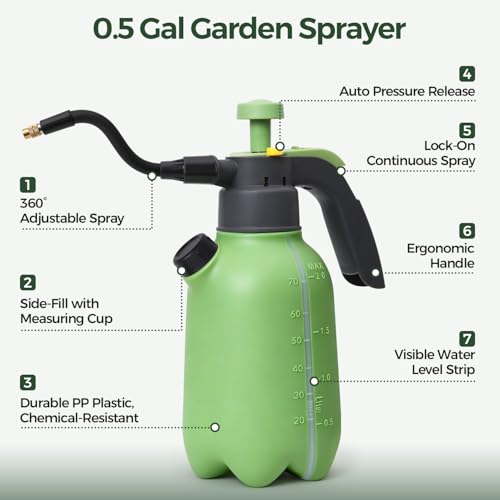 T4U 1/2 Gallon Pump Sprayer with Flexible Adjustable Nozzle, PP Hand Pump Pressure Sprayer with Built-in Measuring Cup for Home Garden Plant Care and Household Cleaning, Indoor & Outdoor Use by T4U - Image 2