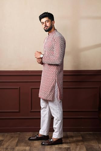 Image of LookMark Men's Printed Silk Blend Kurta with Mandarin Collar, Full Sleeves, Straight Fit Traditional Ethnic Wear