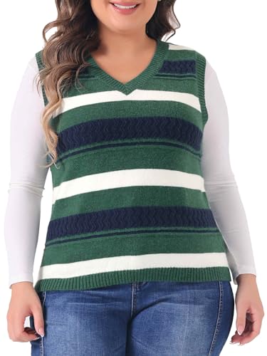 Image of Agnes Orinda Plus Size Sweaters for Women Sleeveless V Neck Striped Knit Casual Pullover Sweater Vests