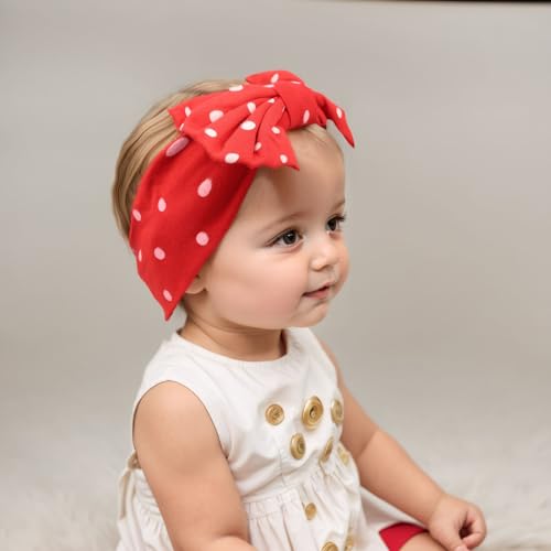 Stretchy Baby Girls Nylon Bows Headbands Polka Dot Turban Hair Bows Knots Tied Elastic Soft Hair Band for Newborn Infant Toddlers Kids (Red with White Polka Dots A, Standard)4