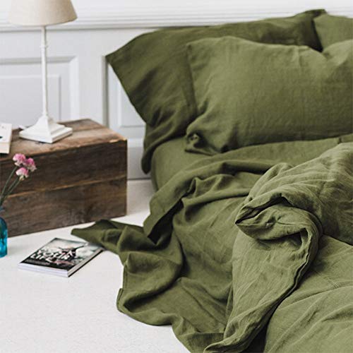 Simple&Opulence 100% Linen Duvet Cover Set 3Pcs Basic Style Natural French Washed Flax Solid Color Soft Breathable Farmhouse Bedding With Button Closure - Olive Green, Queen #TOP6