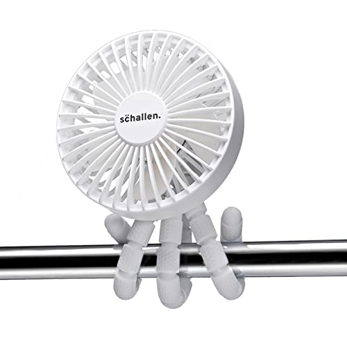Schallen Rechargeable 4 Way Portable Lightweight Fan with LED Light for Pram Fan, Car Seat, Desk, Office, Travel Fans | Clip on, Handheld, Tripod & Phone Holder (White)