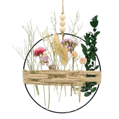 EORPAVU Coronas decorativas,Guirnalda natural seca decoración de puerta de pared de salón hecha de flores secas y cuerda de yute, aro de metal con atrapasueños (20x25 cm)