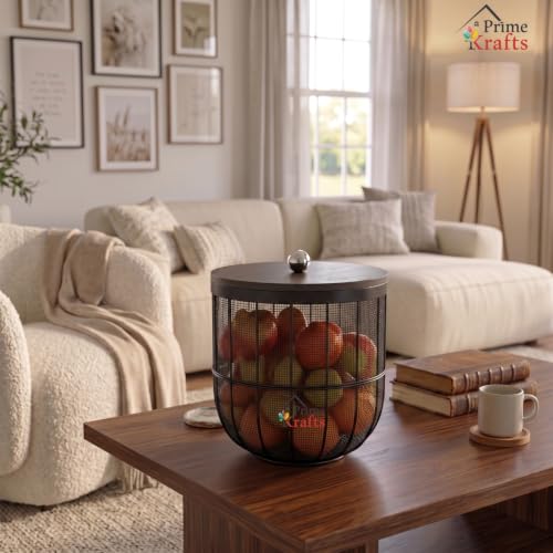 Image of Decorative Net (Jaali) Design Fruit and Vegetables Basket with Natural Wooden Lid | Premium Insect Resistant Storage Organizer for Home and Kitchen - Black