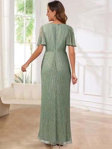 V Neck Formal Mother of The Bride Dresses with Sleeves Long Shiny Sheath Formal Evening Gowns2