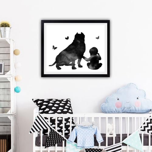Poster Baby And Dog Print, American Bulldog Nursery Decor Black Watercolor Painting Pregnancy Reveal Shower Print Art Wall Art Baby And Dog, American Bulldog,198